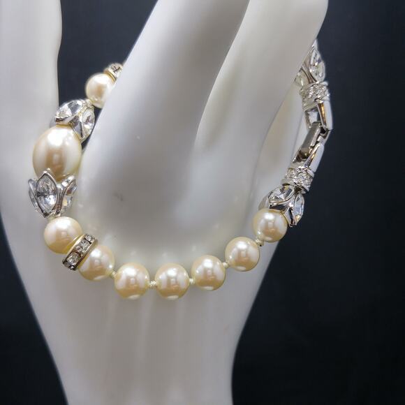 Vintage Faux Pearl Rhinestone Bracelet, Hand-knotted Glass Pearls - Picture 2 of 10
